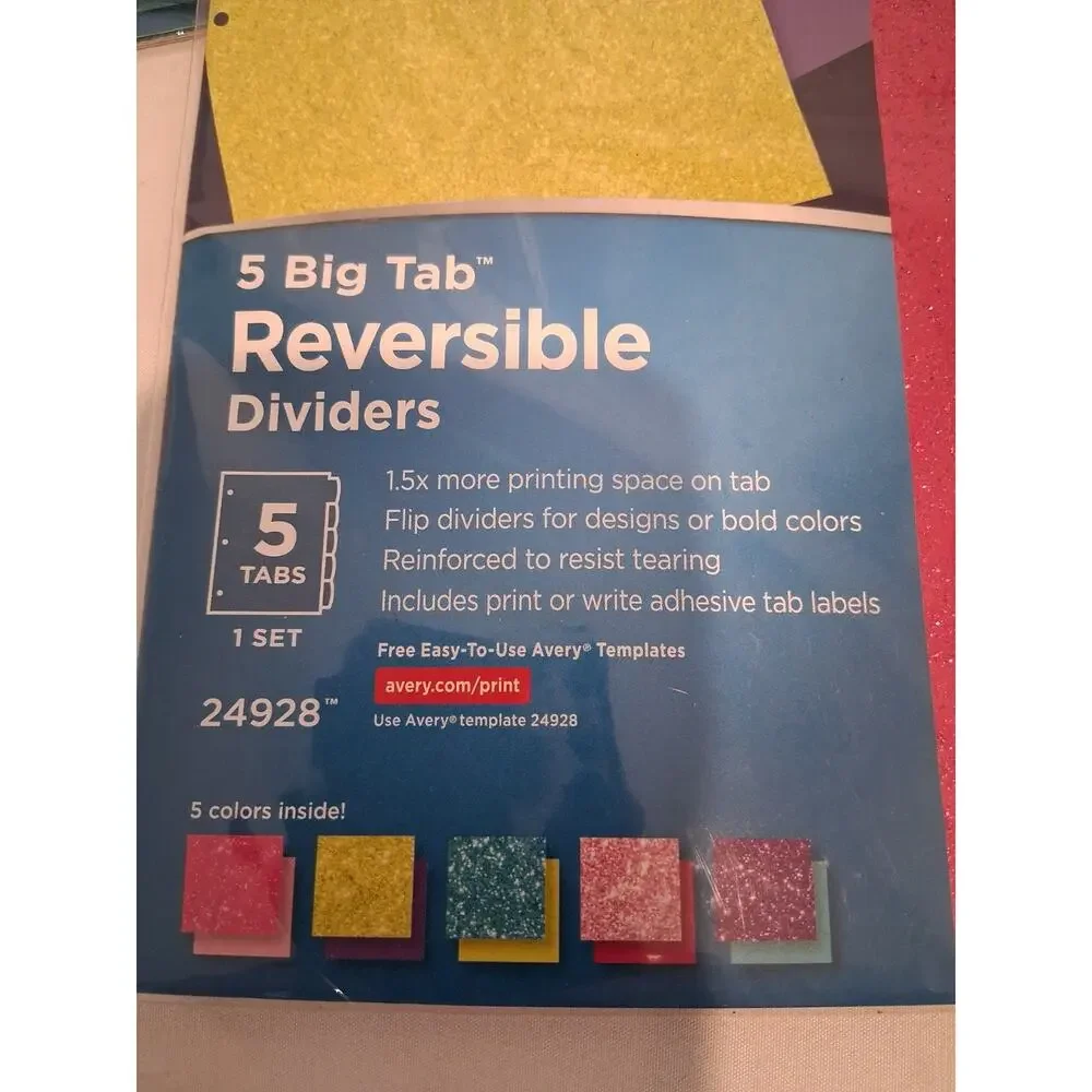 Avery Big Tab Reversible Fashion Dividers Glitter Colors 5-Tab Set 24928 Lot of